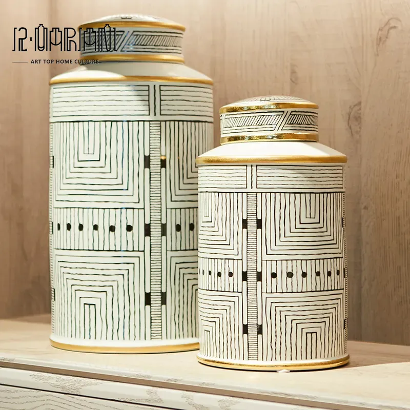 Living Room Accessories Ceramic Art Craft Pieces Stripe Jar Interior Modern Gold Luxury Home Decor