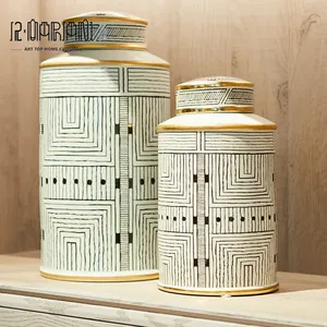 Woonkamer Accessoires Keramische Kunst Ambachtelijke Stukken Streep Jar Interieur Moderne Goud Luxe Home Decor