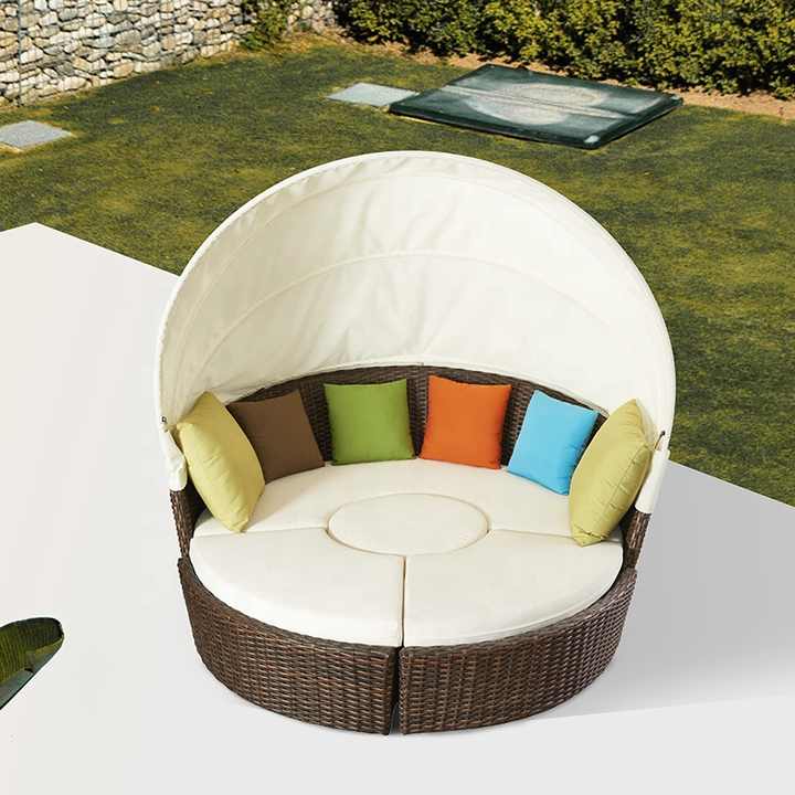 Outdoor Brown Hotel Beach Exterior Pool Wicker Aluminum Sunbed Patio Garden Round Rattan Daybed with Canopy
