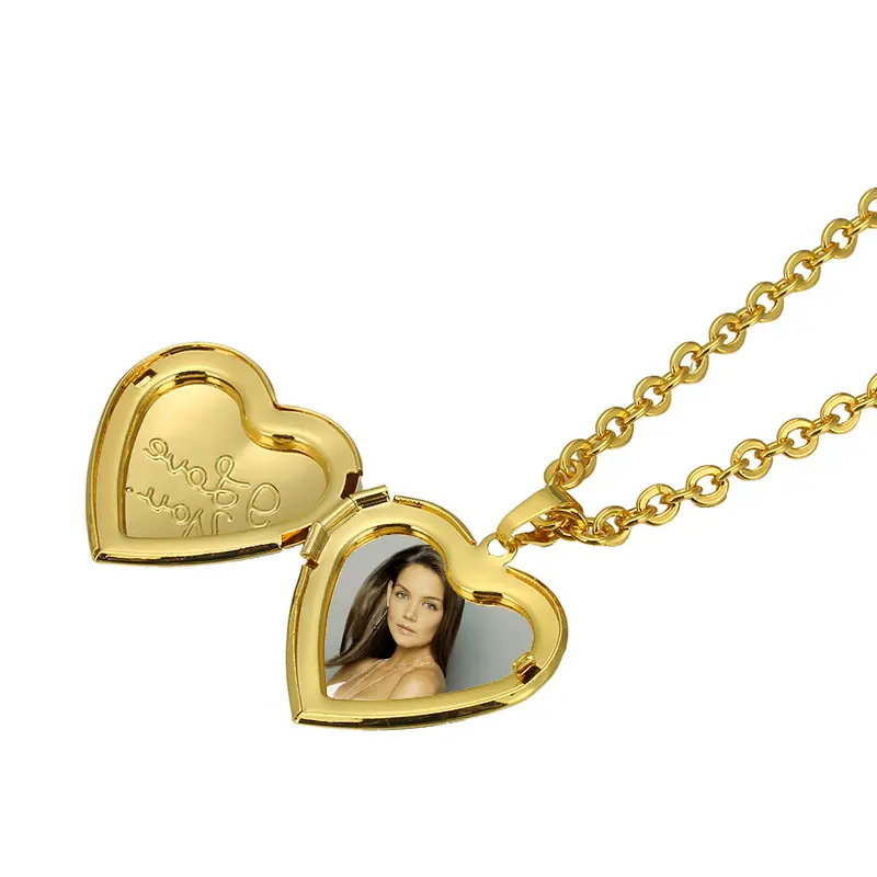 Locket Necklace Custom Dainty 18k Gold Plated Copper I Love You Photo Frame Locket Pendant Heart Necklace Sublimation Jewelry Blanks