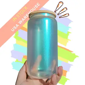 USA WAREHOUSE 16oz Iridescent Rainbow Sublimation Beer Can Shaped Glass With Bamboo Lid And Straw