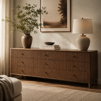 Commode moderne de 89 pouces à 9 tiroirs avec façades cannelées, longue armoire de rangement en bois pour chambre à coucher, salon et mobilier de maison