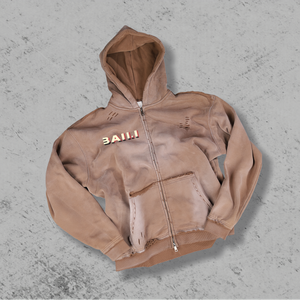 Sudadera con capucha extragrande de hombre marrón desgastado con logotipo personalizado y cremallera Sudadera con capucha lavada con ácido para hombre - Product Image 1