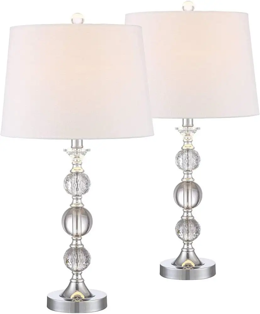 Modern Table Lamps Set of 2 Stacked Crystal Ball Silver White Drum Shade for Living Room Family Bedroom Bedside