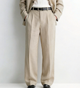 <span class=keywords><strong>Pantalon</strong></span> en lin uni personnalisé pour homme, coupe droite, tailleur, léger, rétro, plissé, taille haute, idéal pour l'été - Product Image 1