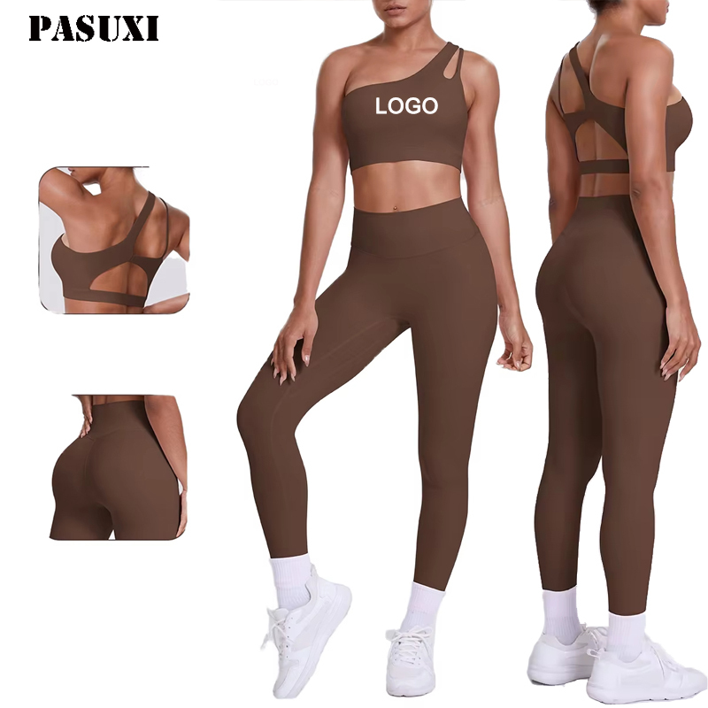 PASUXI 2026 Women's Two-Piece Gym Fitness Activewear Set Yoga Bra Biker Shorts Front Logo Solid Pattern Convenient Waist