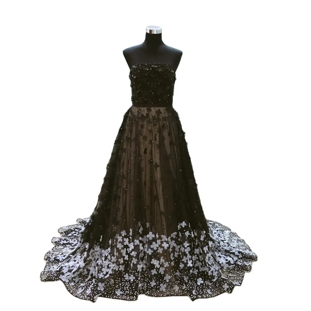 PEV-L3068 Vintage lüks straplez el yapımı 3D çiçekler inciler boncuklu uzun tren siyah uzun gece elbisesi