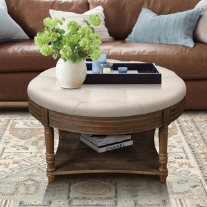 Table basse ottoman ronde capitonnée avec étagère de rangement en bois, style farmhouse, 2 niveaux, plateau surdimensionné à boutons - Product Image 2