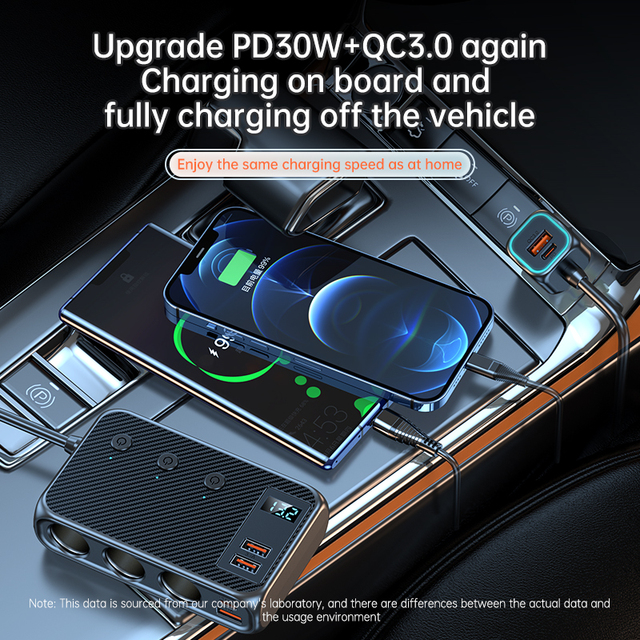 Carbon Fiber Texture 3 Socket Car Cigarette Lighter Adapter Splitter PD USB C Fast Charging Independent Switches Monitor Kit