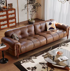 फ्रेंच विंटेज टॉप-ग्रेन वाक्स्ड काउहाइड सोफे पियानो कुंजी सिलाई सीधे-पंक्ति डिजाइन आधुनिक काले अमेरिकी-प्रेरित लिविंग रूम - Product Image 3