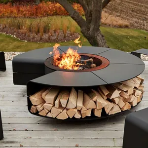 Benutzer definierte schwarze Stahl brennende Terrasse Hinterhof Indoor Outdoor Feuerstelle Brenner mit Holzlager ung Neue dekorative runde Feuerstelle Tisch