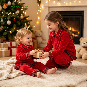 Set di Pigiami Natalizi in Velluto Coordinati per Famiglia, Pigiami Personalizzati <span class=keywords><strong>con</strong></span> <span class=keywords><strong>Bottoni</strong></span> per Bambini, Camicia da Notte <span class=keywords><strong>con</strong></span> Volant in Pizzo per Bambine - Product Image 1