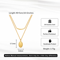 Collier pendentif ovale gravé à deux couches poli pour femme, plaqué or 18 carats, en acier inoxydable 304, double couche, réglable