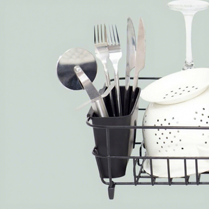 Black Metal Dish Drying Rack <b>With</b> <b>Utensil</b> <b>Holder</b> And Drainboard For Kitchen Counter - Product Image 2