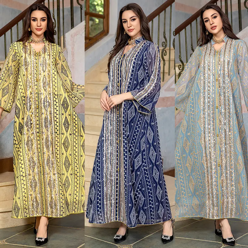 Penjualan Terbaik produk abaya dubai monsoon gaun malam Arab rok cetak lengan panjang Maroko wanita gaun Kaftan Muslim Prom