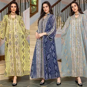 Best selling product abaya dubai monsoon Arabic Evening Dress skirt printing Long Sleeve Moroccan women Kaftan Gown Muslim Prom