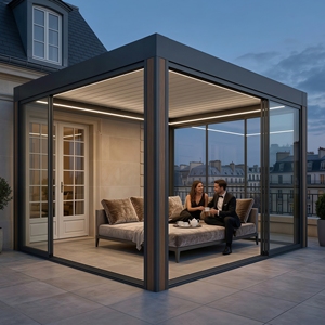 Pérgola Bioclimática Impermeable Personalizada con Puertas de Vidrio y Persianas, Gazebo Eléctrico de Aluminio para Patio Trasero y Piscina en Invierno - Product Image 1