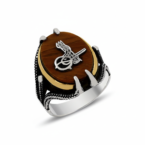 925K Sterling Silver Ottoman Tugra Tiger Eye Eagle Paws <b>Men</b> <b>Ring</b> - Product Image 2