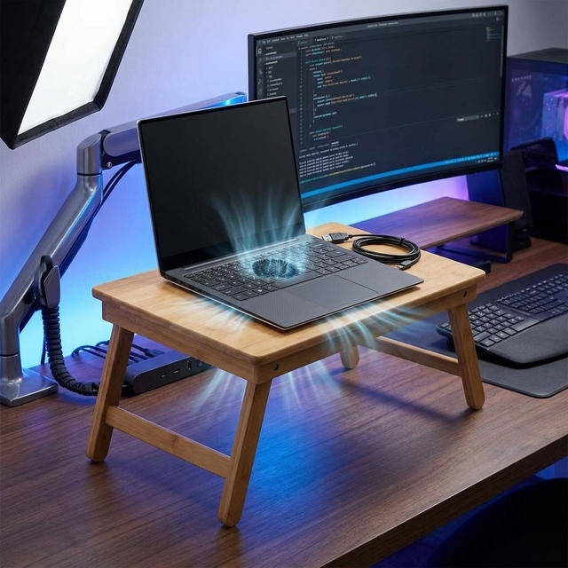 Bamboo Laptop Desk with USB Cooling Fan Laptop Bed Tray Portable Foldable Laptop Table Cooling Stand OEM/ODM Laptop Desk