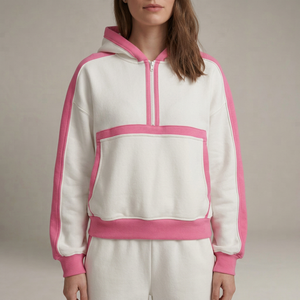<b>Women</b> Color Block Hooded Zip Up Tracksuit Set Pink White Loose Fit Sweatshirt <b>Sweatpants</b> Two Piece - Product Image 1