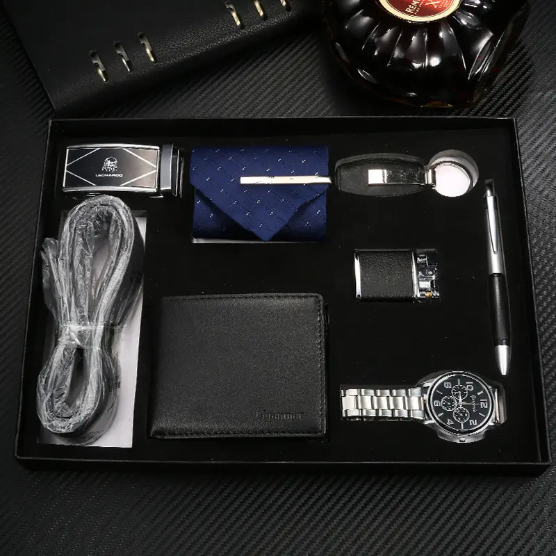 Men's Gift Belt Wallet Watch Set Multi piece Business Lighter Keychain Gift Quartz Watch Set