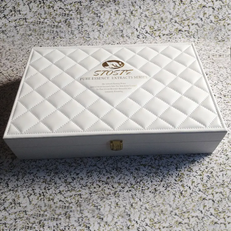 Luxury custom logo white velvet slots pu/ep leather skincare set cosmetic case clips box supplement gift boxes