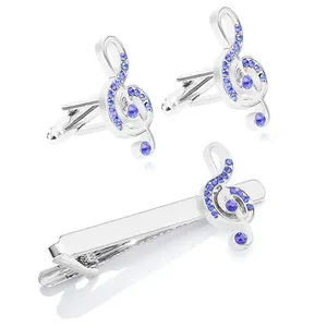 Hot Sale Men's Promotion Gifts Music Note Ornaments Wholesale Silver Plated Jewelry Cufflinks And Tie Clip Set