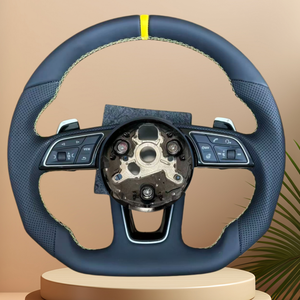 Volante Deportivo de Cuero Nappa con Franja Amarilla para Audi <span class=keywords><strong>S</strong></span> RS <span class=keywords><strong>Line</strong></span> A4 A5 A6 Q5 Q7, Volante de Coche Mejorado - Product Image 1