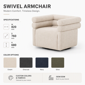 Poltrona Moderna OEM&ODM in Stile <span class=keywords><strong>Crema</strong></span> per Soggiorno, Sedia Girevole Effetto Lino con Braccioli Arrotondati, Poltrona Relax - Product Image 5