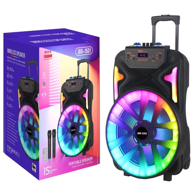 NDR 15-Inch Portable Battery-Powered   Speaker with RGB LED Lighting and Wireless Microphone for Outdoor Square Dance
