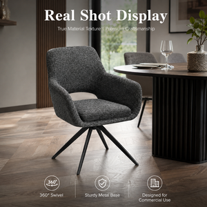 Silla de Comedor Giratoria Premium con Diseño de Brazos Abiertos, Tapizada en Bouclé Gris Oscuro, Base de Metal en Forma de Estrella, Giro de 360 Grados °   Hotel, Restaurante, Cafetería - Product Image 6