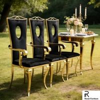 Chaise de mariage de luxe au design populaire, avec dossier ovale découpé et accoudoirs, en acier inoxydable doré, pour événements, fêtes et hôtels