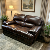 Ensemble de canapés sectionnels classiques en cuir véritable marron de style européen, 4 pièces, garniture à clous, coussins ergonomiques en mousse, structure en bois massif