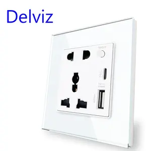 Delviz Crystal Glass Panel 13A Toma de corriente, CA 110V ~ 250V, Puerto USBA + USBC 2A, control de encendido y apagado, Toma de pared USB tipo C universal