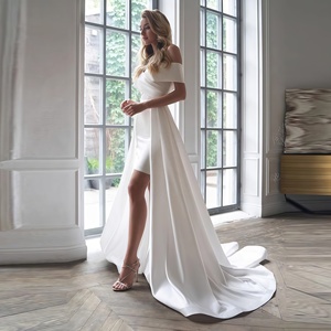 Hot Bán Satin Đính Cườm Strapless Catwalks Cao Slit Roupa Vestido Largo De Mujer Váy Cưới Áo Choàng Cao cấp Đuôi Váy - Product Image 1