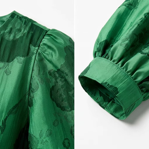 Fabricant de robes, vêtements sur mesure, OEM, robe midi en jacquard floral vert émeraude pour femmes, robe de soirée élégante à manches bouffantes, coupe A - Product Image 4