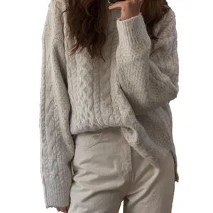 Customization Factory Thick Long Winter Korean Sleeve Side Slit Knit Plus Size Women's Wool Sweater