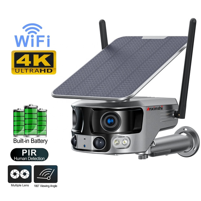 Anxinshi CCTV Wireless 8MP 4K Dual Fisheye Lens WiFi Camera with Solar Battery TF Card & Cloud Storage Night Vision