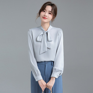 Women's Bow Tie Long Sleeve Shirt Top <b>White</b> Satin Office Wear Elegant French Style Spring Autumn New Arrival - Product Image 2
