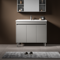 Meuble-lavabo mural flottant moderne avec armoire miroir, tiroirs à fermeture douce et étagères de rangement pour salle de bain