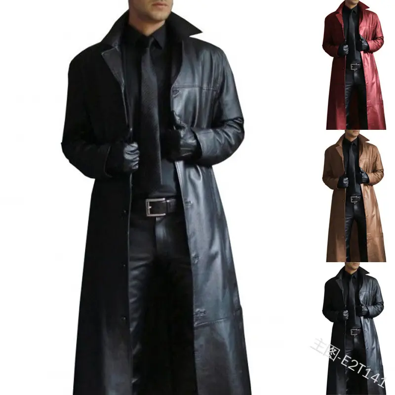 Lapel solid color trench coat style slim leather long leather jacket for men High Quality Winter Coat