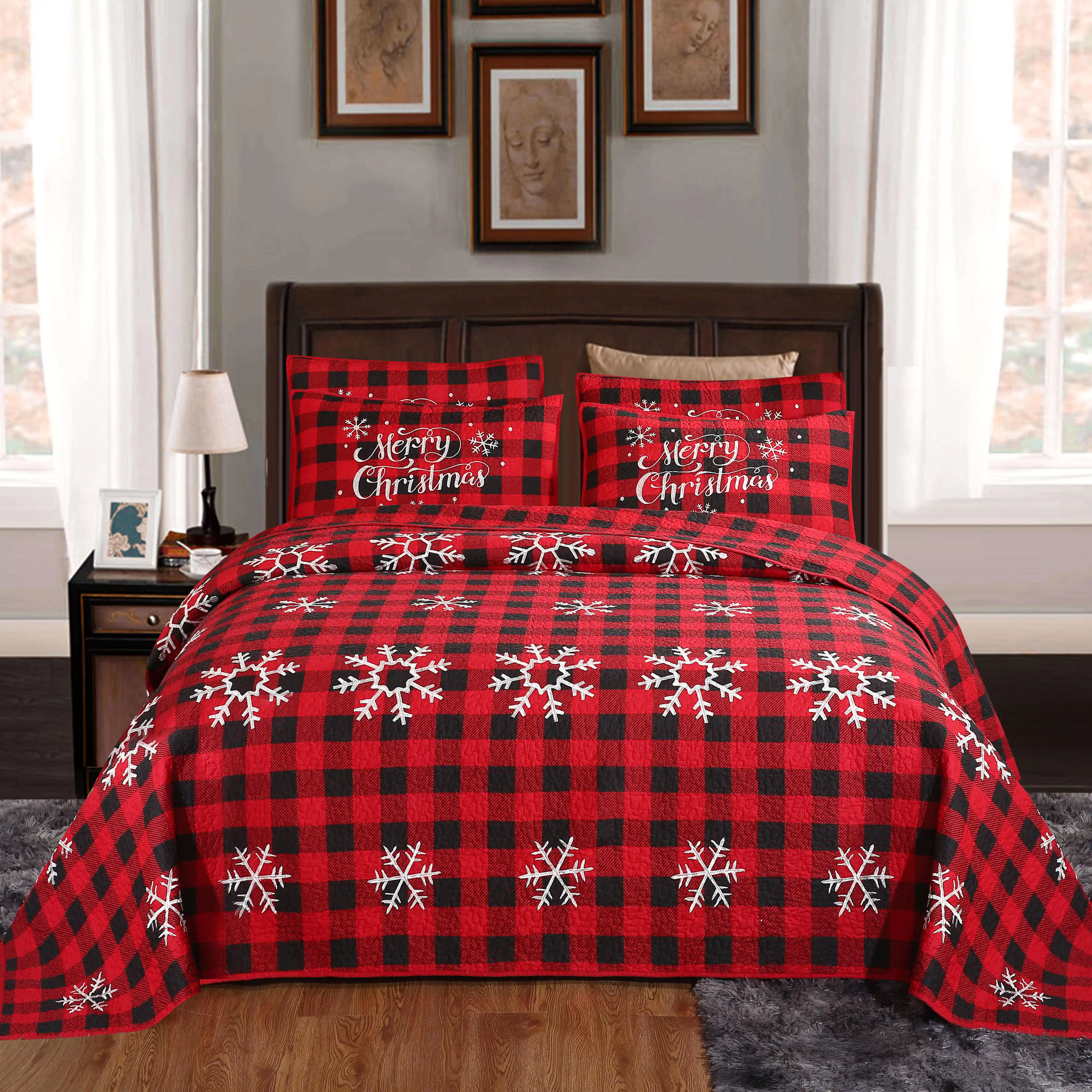 赤いクリスマスコレクション寝具印刷ベッドカバーセット高級3ピースクイーンベッドカバーホリデーホーム用
