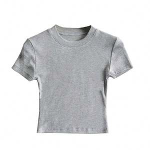 Haut court à manches courtes pour femme, été, uni, coupe ajustée, col rond, t-shirt basique, côtelé, moulant, athlétique, décontracté, pour l'entraînement - Product Image 6