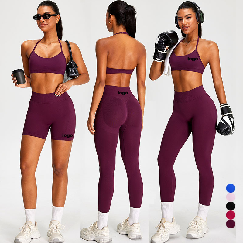 Wholesale Seamless Yoga Outfits for Women 2 Pieces Set Halter Bra High Waist Scrunch Butt Leggings Breathable Fitness Yoga Wear