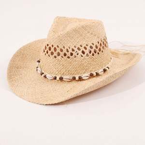 Nouveau Chapeau de Soleil d'Été Fait Main en Paille de Raphia, Style Cowboy, Design Creux, Chapeau de Plage Décontracté avec Décoration Coquillages - Product Image 3