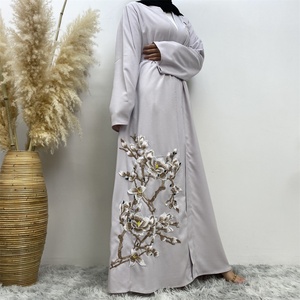 1717# Fashionable Embroidered Floral Applique Open Abaya Long Sleeve Crepe Dubai Abayas <b>Cardigan</b> With Side Pockets 2 Colors - Product Image 6