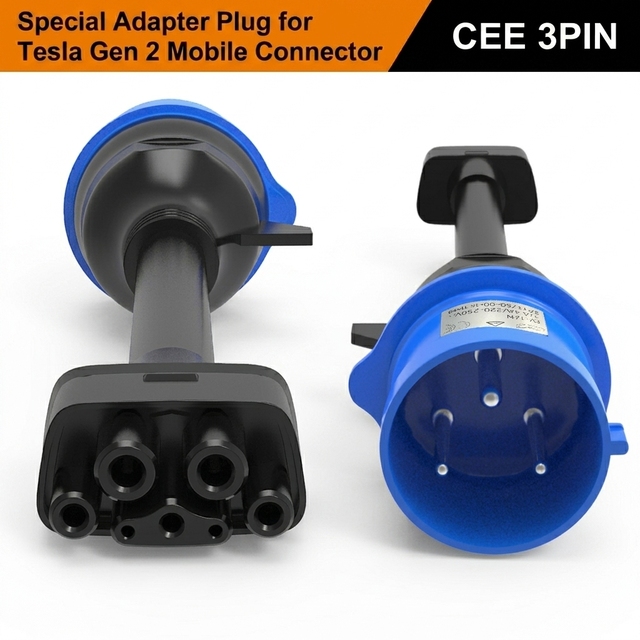 32A Blue CEE to Tesla Gen 2 Mobile Connector Adapter, Single Phase 3 Pin Industrial Plug for Tesla Charging 0.3M