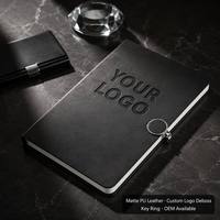Carnet de notes A5 en cuir PU mat avec logo personnalisé en relief, fermeture à anneaux argentés, 100 feuilles, couverture rigide cousue, idéal pour cadeau, vente en gros OEM