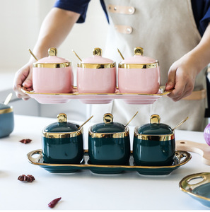 EE056 Ensemble de 3 pots à épices en céramique pour cuisine, support de rangement pour sel et poivre, plateau, cuillère, ensembles d'accessoires pour <span class=keywords><strong>condiments</strong></span>, pot à épices, pot à confiture - Product Image 3