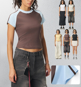 92.2% Cotton 7.8% Spandex <b>Women's</b> Slim Fit Stretch Cropped T-Shirt Custom Logo Color Block Striped Short Sleeve <b>Crop</b> <b>Top</b> - Product Image 2